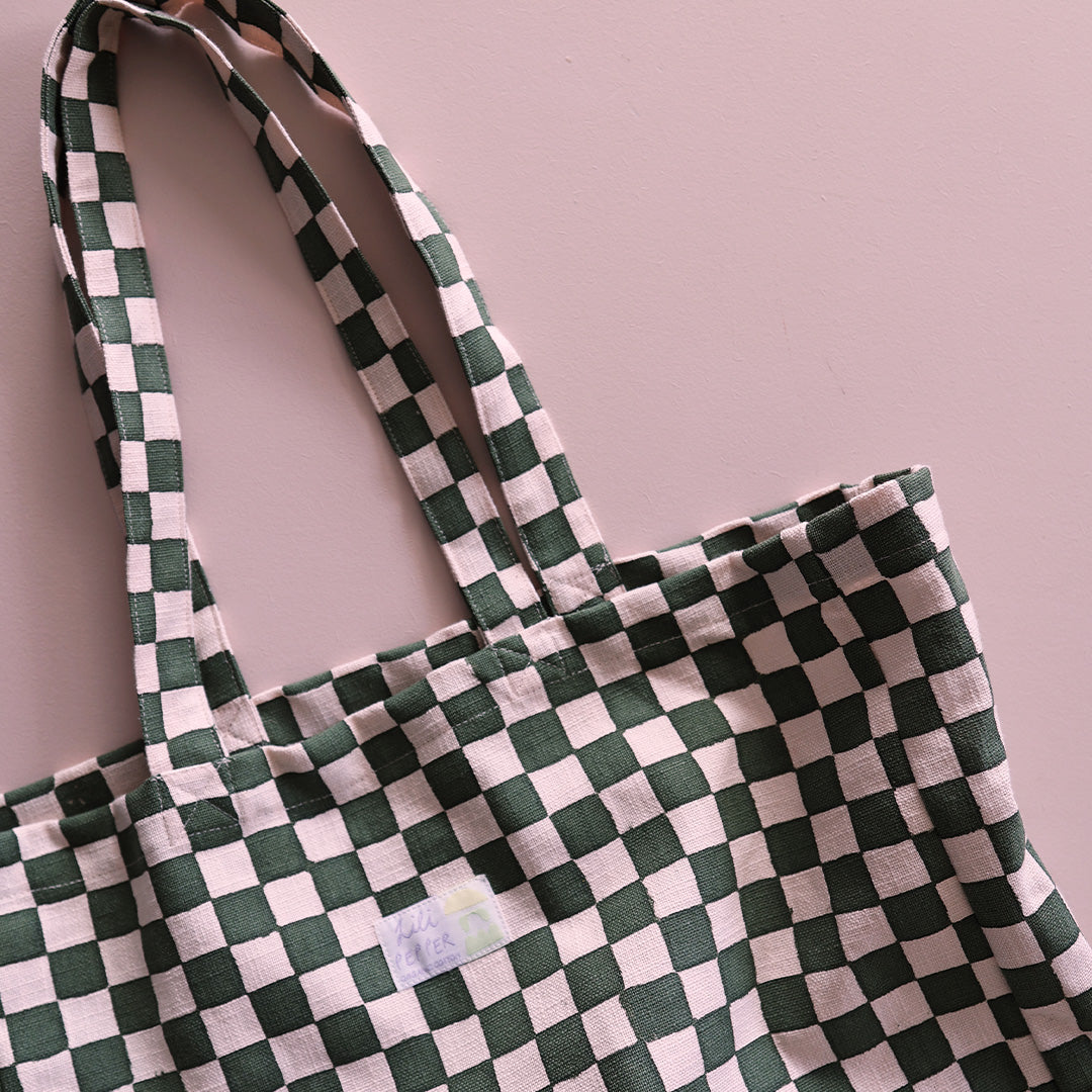Handprinted Tote Bag *Check Rose Green