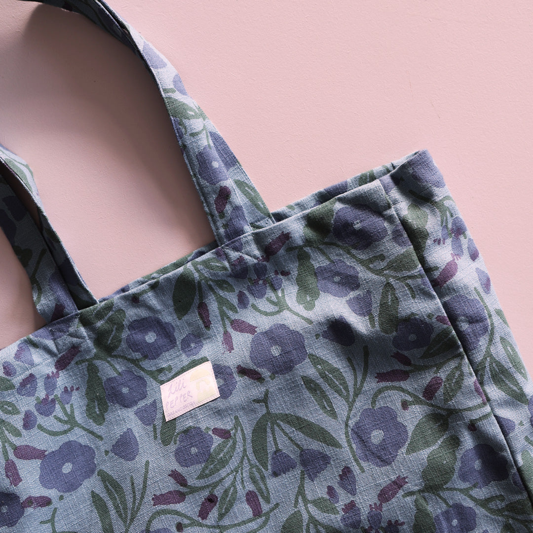 Handprinted Tote Bag *Floral Blue