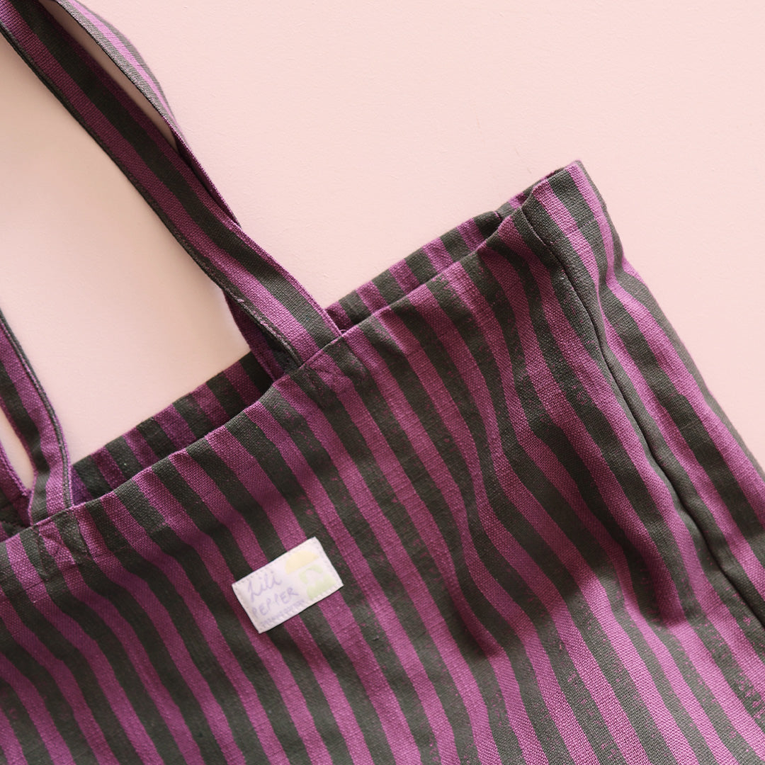 Hand Printed Tote Bag *Stripe Green Purple