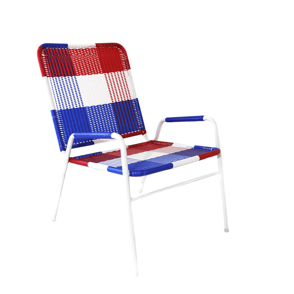 WOVEN CHAIR BLUE WHITE RED Handwoven metal chair