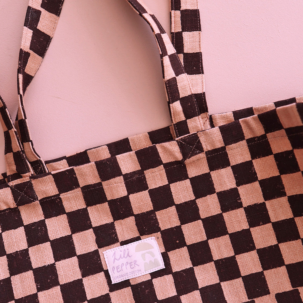 Handprinted tote bag *Check Marsala