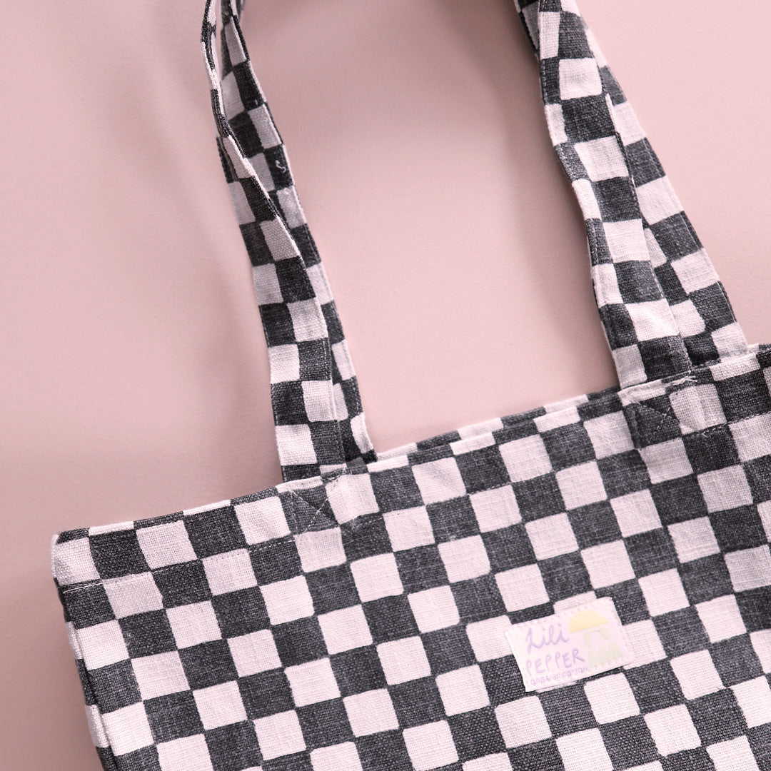 Handbedruckte Tote Bag *Check Black Offwhite
