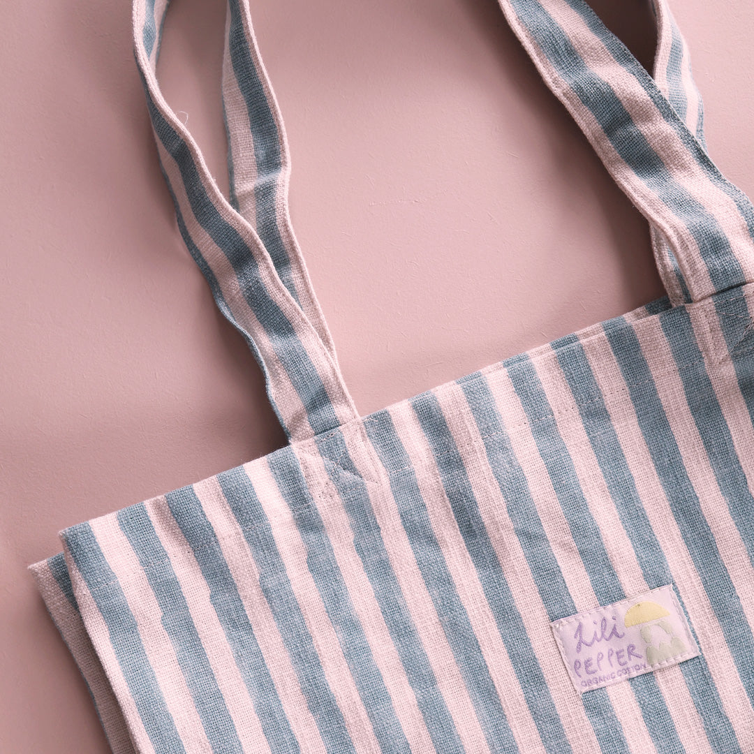 Handbedruckte Tote Bag *Stripe Rose Blue