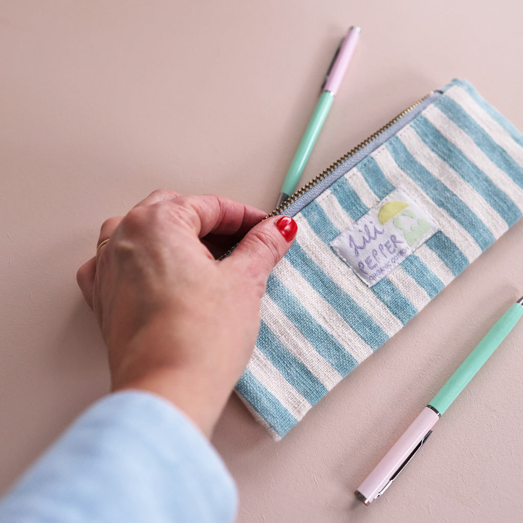 Blockprint pencil pouch *Stripe Rose Blue