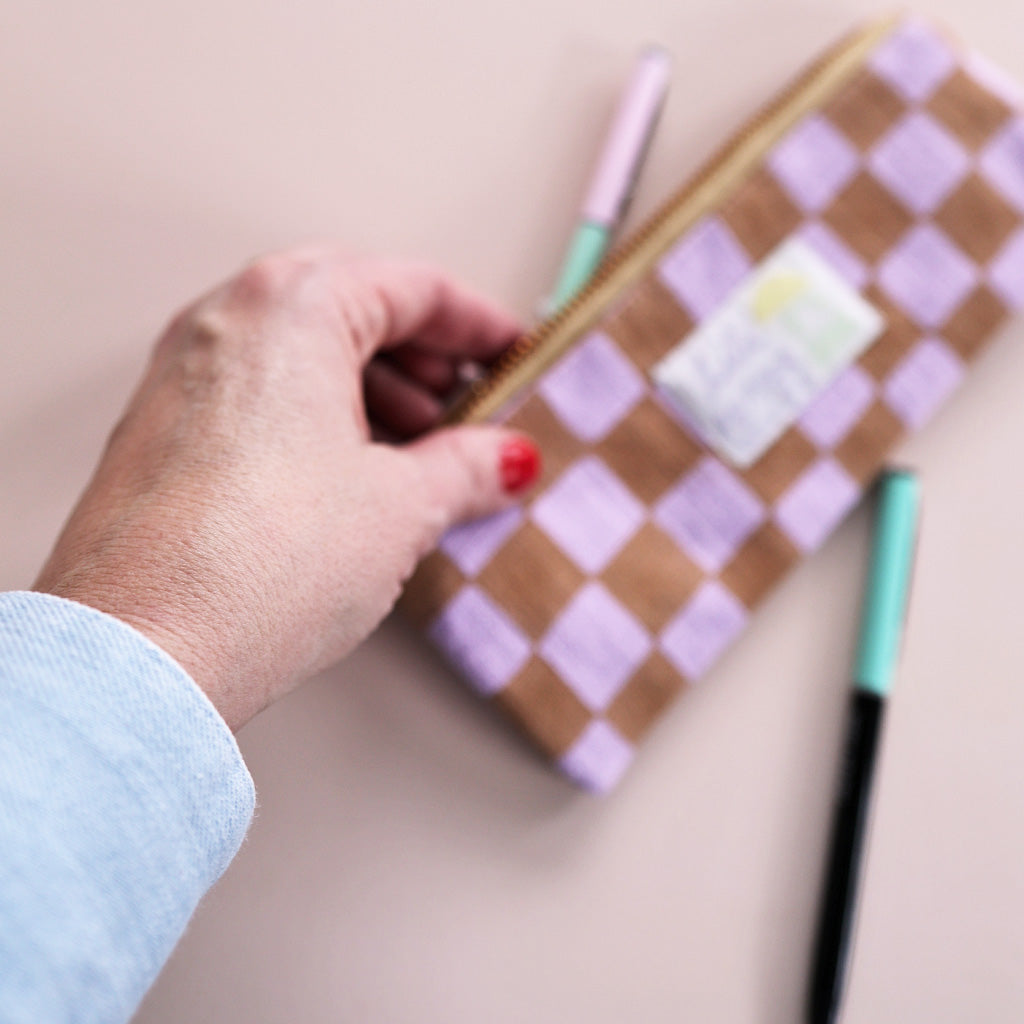 Blockprint pencil pouch *Check Caramel