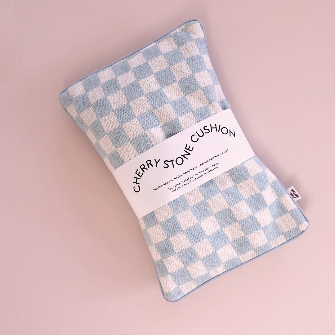 Cherry Pit Pillow *Check Light Blue
