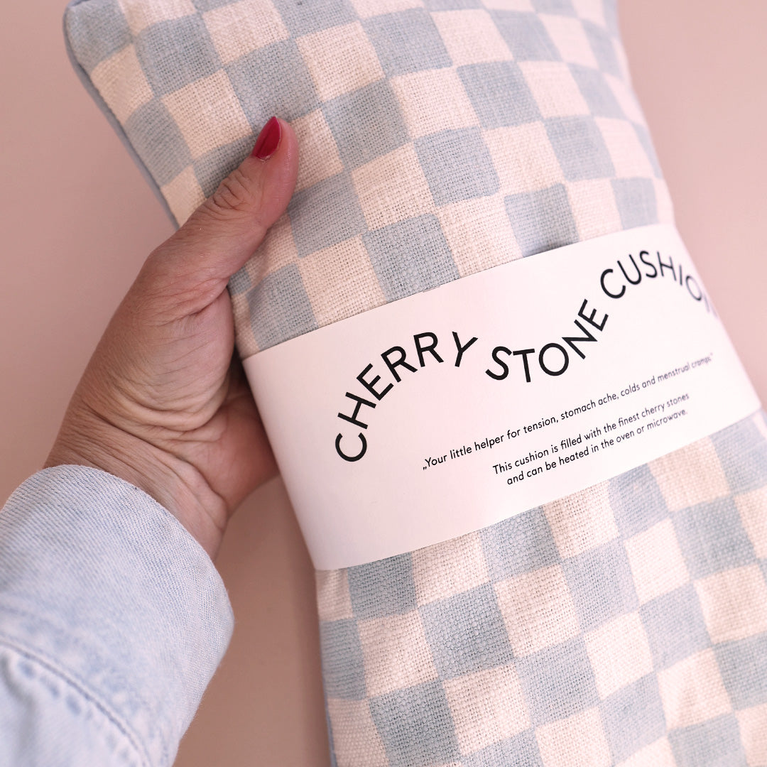 Cherry Pit Pillow *Check Light Blue