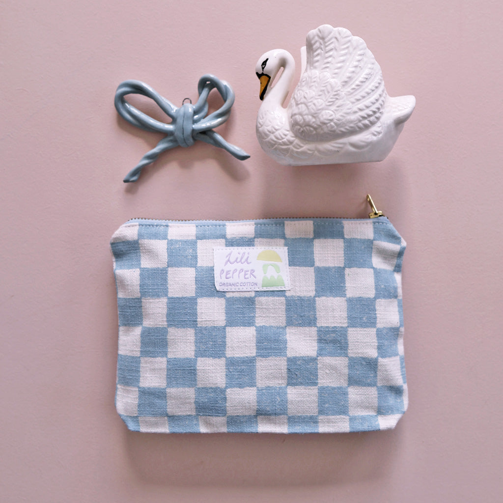 Block Print Pouch *Check Light Blue