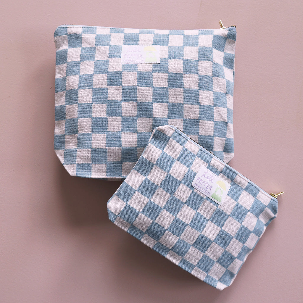 Block Print Pouch *Check Light Blue