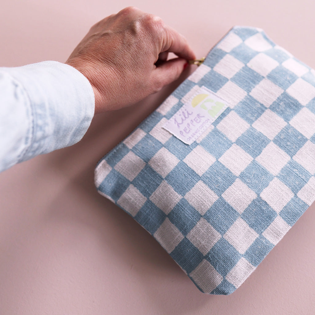 Block Print Pouch *Check Light Blue