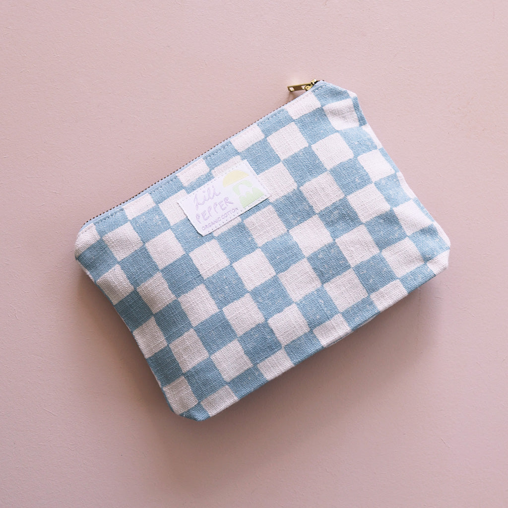 Block Print Pouch *Check Light Blue