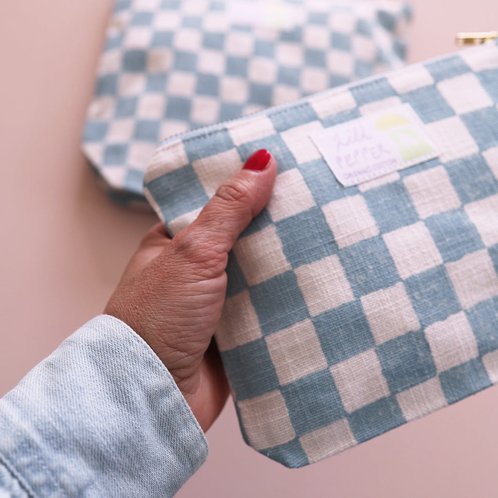 Block Print Pouch *Check Light Blue