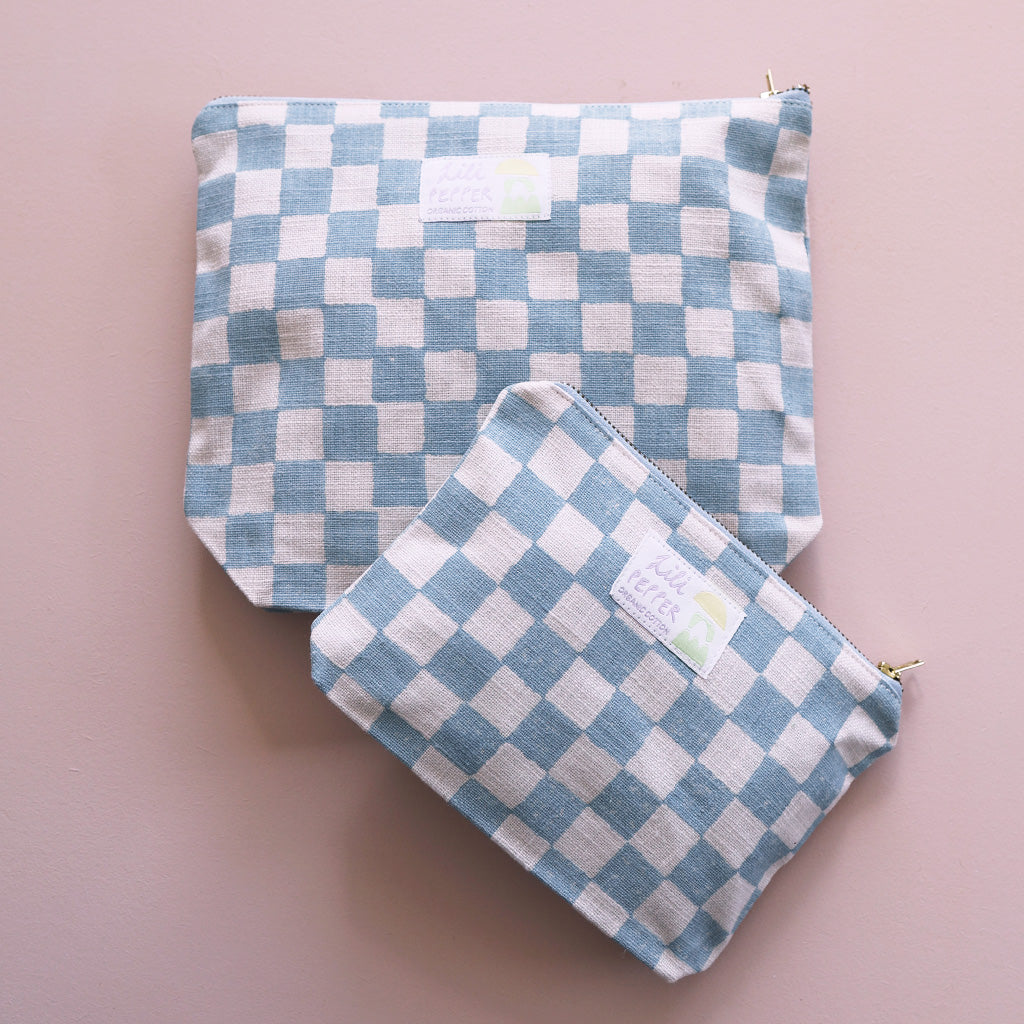 Block Print Pouch *Check Light Blue